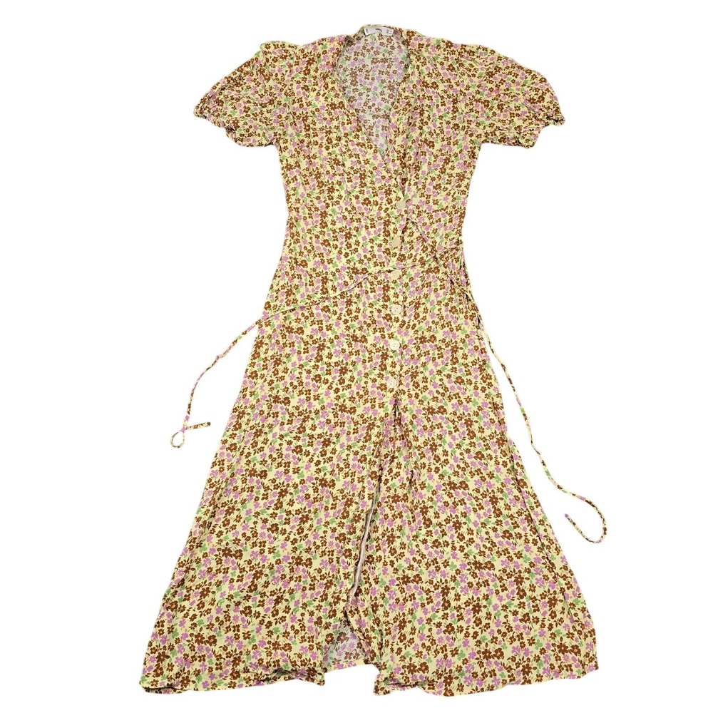 MNG Dress Womens 2 Yellow Floral‎ Wrap Midi Puff Sleeve V Neck Button Belted